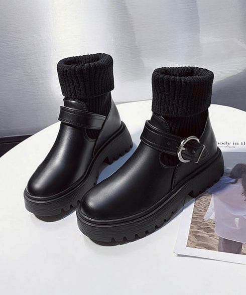 ニットブーツ レディース ソックスブーツ 厚底ショートブーツ 2way美脚ワークブーツ バックルベルト 秋冬ブーティー カジュアルシューズ 歩きやすい靴おしゃれ 1JL-004