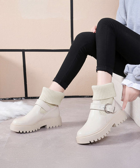 ニットブーツ レディース ソックスブーツ 厚底ショートブーツ 2way美脚ワークブーツ バックルベルト 秋冬ブーティー カジュアルシューズ 歩きやすい靴おしゃれ 1JL-004