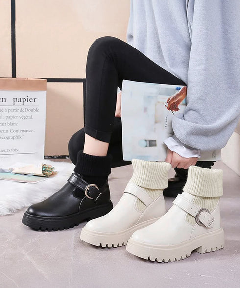 ニットブーツ レディース ソックスブーツ 厚底ショートブーツ 2way美脚ワークブーツ バックルベルト 秋冬ブーティー カジュアルシューズ 歩きやすい靴おしゃれ 1JL-004