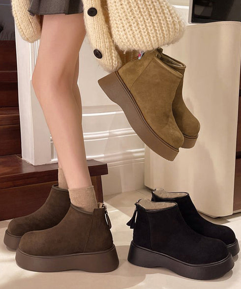 スエードタッチ厚底ショートブーツ 裏起毛 レディース カジュアルムートンブーツ あったか防寒シューズ ラウンドトゥ冬靴 後ろジップブーツ 歩きやすい秋冬美脚脚長 1JL-007