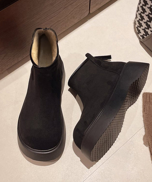 スエードタッチ厚底ショートブーツ 裏起毛 レディース カジュアルムートンブーツ あったか防寒シューズ ラウンドトゥ冬靴 後ろジップブーツ 歩きやすい秋冬美脚脚長 1JL-007