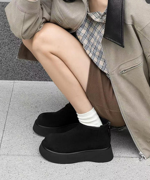 スエードタッチ厚底ショートブーツ 裏起毛 レディース カジュアルムートンブーツ あったか防寒シューズ ラウンドトゥ冬靴 後ろジップブーツ 歩きやすい秋冬美脚脚長 1JL-007