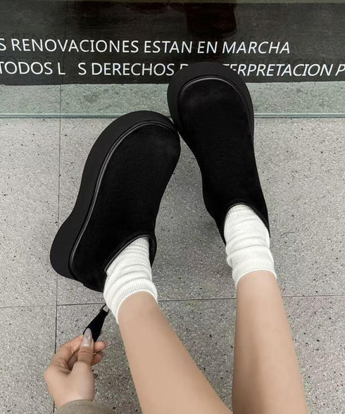 スエードタッチ厚底ショートブーツ 裏起毛 レディース カジュアルムートンブーツ あったか防寒シューズ ラウンドトゥ冬靴 後ろジップブーツ 歩きやすい秋冬美脚脚長 1JL-007