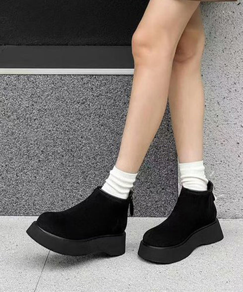 スエードタッチ厚底ショートブーツ 裏起毛 レディース カジュアルムートンブーツ あったか防寒シューズ ラウンドトゥ冬靴 後ろジップブーツ 歩きやすい秋冬美脚脚長 1JL-007