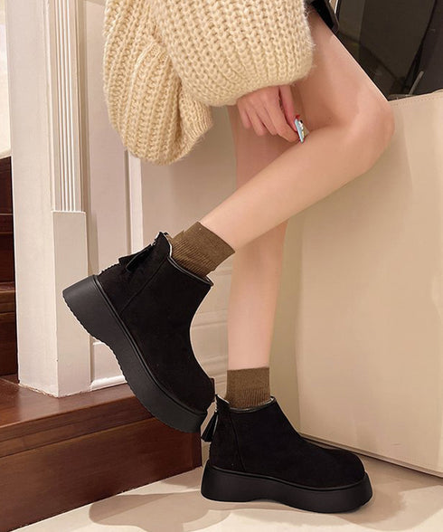 スエードタッチ厚底ショートブーツ 裏起毛 レディース カジュアルムートンブーツ あったか防寒シューズ ラウンドトゥ冬靴 後ろジップブーツ 歩きやすい秋冬美脚脚長 1JL-007