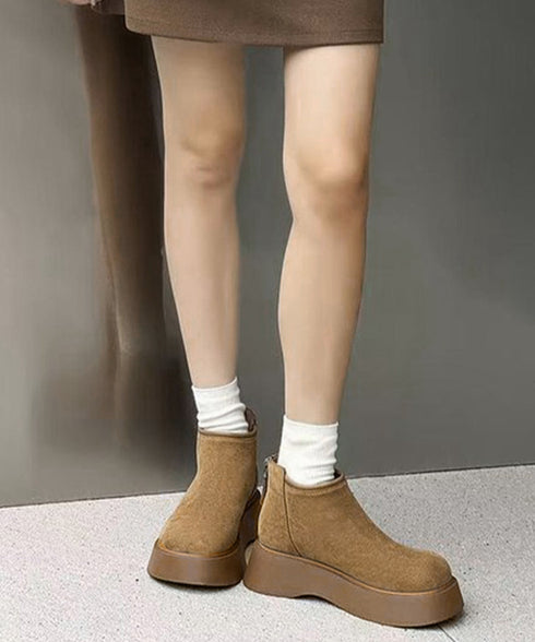 スエードタッチ厚底ショートブーツ 裏起毛 レディース カジュアルムートンブーツ あったか防寒シューズ ラウンドトゥ冬靴 後ろジップブーツ 歩きやすい秋冬美脚脚長 1JL-007