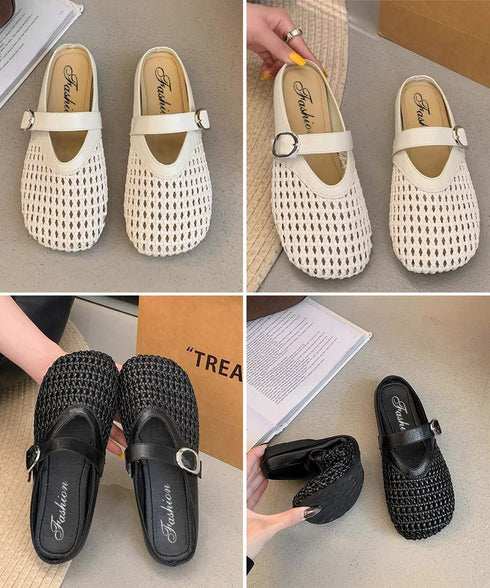 メッシュパンプスラウンドトゥシューズ春夏 きれいめサボシューズ レディース 走れるパンプス フラットミュール 歩きやすい つっかけサンダル 履きやすい 脱げない靴 1JL-008