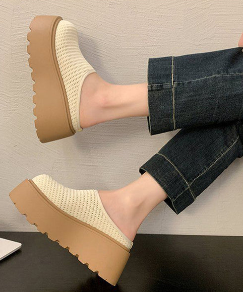 厚底サボサンダル ニットメッシュミュール 歩きやすいニットサンダルレディース 楽ちんシューズボリュームソール かかとなしスリッポン 身長アップ春夏靴 軽量美脚脚長 1JL-009