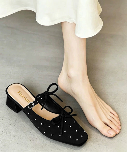 リボン付きミュールサンダルラインストーン チャンキーヒール ミュールパンプス キラキラ ドット柄パンプス上品 スクエアトゥ 楽ちんシューズ 歩きやすいサボ 韓国風 1JL-010