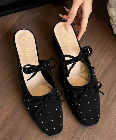 リボン付きミュールサンダルラインストーン チャンキーヒール ミュールパンプス キラキラ ドット柄パンプス上品 スクエアトゥ 楽ちんシューズ 歩きやすいサボ 韓国風 1JL-010