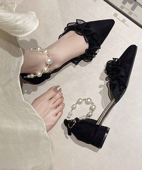 ポインテッドトゥフリルパンプスパール美脚 アンクルストラップフェミニン大人可愛いローヒールセパレートパンプス 華やかパーティードレスシューズ きれいめ上品 高見え 1JL-012