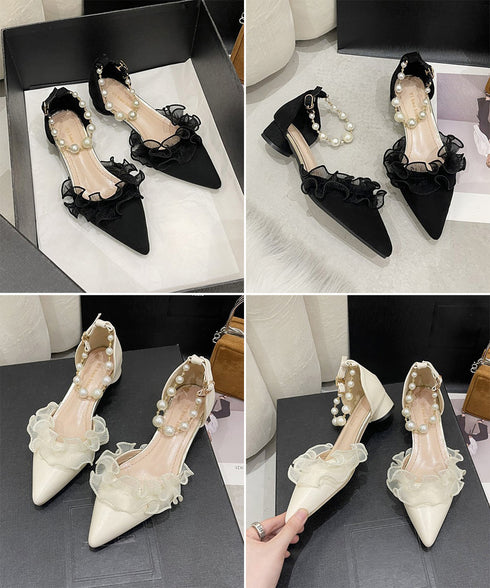 ポインテッドトゥフリルパンプスパール美脚 アンクルストラップフェミニン大人可愛いローヒールセパレートパンプス 華やかパーティードレスシューズ きれいめ上品 高見え 1JL-012