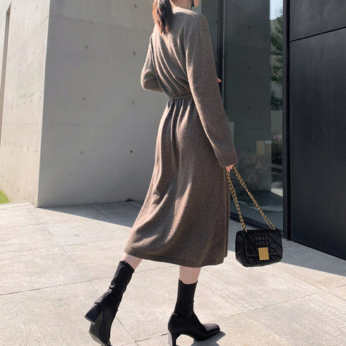 キーネック ニットワンピース キーネック ニットワンピース レディース セーターワンピース 暖かい ロングワンピ 秋冬 シンプル 上品 大人 おしゃれ 1JMYA-001