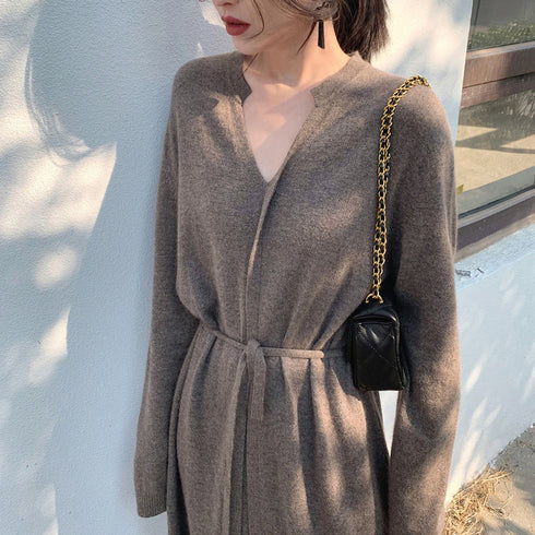 キーネック ニットワンピース キーネック ニットワンピース レディース セーターワンピース 暖かい ロングワンピ 秋冬 シンプル 上品 大人 おしゃれ 1JMYA-001