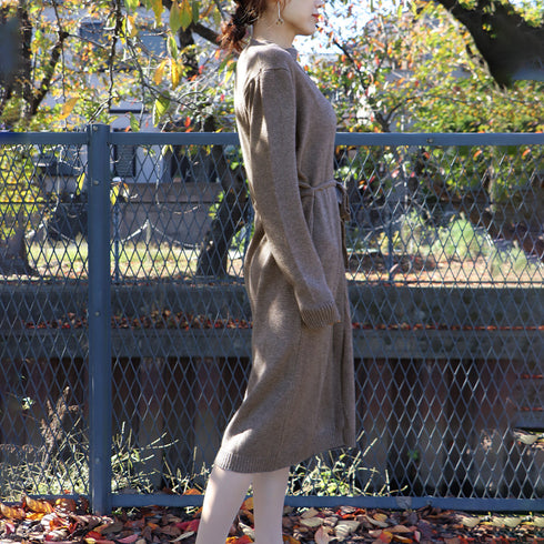 キーネック ニットワンピース キーネック ニットワンピース レディース セーターワンピース 暖かい ロングワンピ 秋冬 シンプル 上品 大人 おしゃれ 1JMYA-001