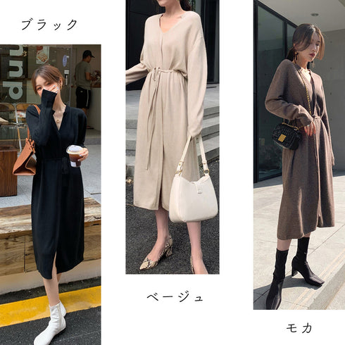 キーネック ニットワンピース キーネック ニットワンピース レディース セーターワンピース 暖かい ロングワンピ 秋冬 シンプル 上品 大人 おしゃれ 1JMYA-001
