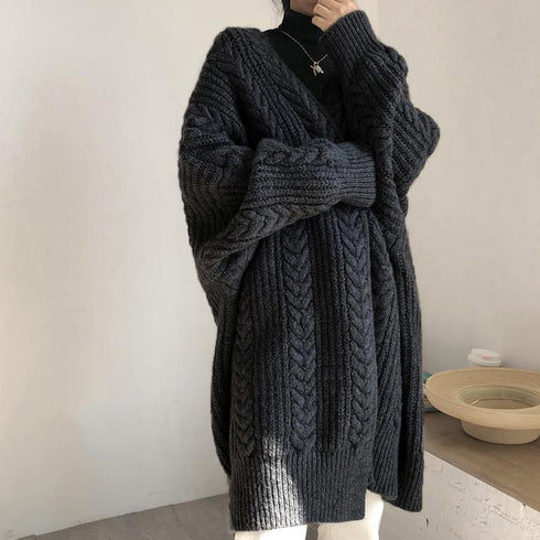 コーディガン レディース ロング丈 ニットロングカーディガン 中厚手 韓国ライトアウター ケーブル編みカーデ 秋冬ニットコート 羽織り 着やせニットアウター 1JMYA-002