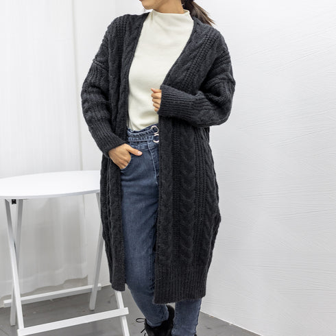 コーディガン レディース ロング丈 ニットロングカーディガン 中厚手 韓国ライトアウター ケーブル編みカーデ 秋冬ニットコート 羽織り 着やせニットアウター 1JMYA-002