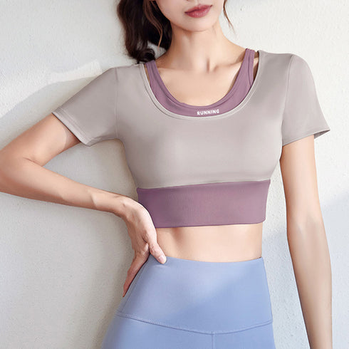 クロップド丈 ヨガトップス バイカラー カップ付き スポーツウェア レイヤード ジムウェア テニス マラソン ランニングウェア バレエダンス フィットネスウェア 1JYT-003