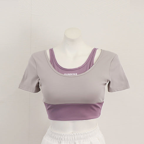 クロップド丈 ヨガトップス バイカラー カップ付き スポーツウェア レイヤード ジムウェア テニス マラソン ランニングウェア バレエダンス フィットネスウェア 1JYT-003