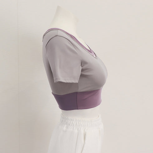 クロップド丈 ヨガトップス バイカラー カップ付き スポーツウェア レイヤード ジムウェア テニス マラソン ランニングウェア バレエダンス フィットネスウェア 1JYT-003