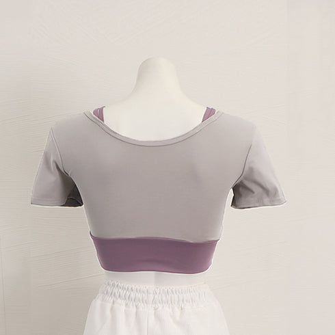 クロップド丈 ヨガトップス バイカラー カップ付き スポーツウェア レイヤード ジムウェア テニス マラソン ランニングウェア バレエダンス フィットネスウェア 1JYT-003