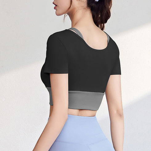 クロップド丈 ヨガトップス バイカラー カップ付き スポーツウェア レイヤード ジムウェア テニス マラソン ランニングウェア バレエダンス フィットネスウェア 1JYT-003