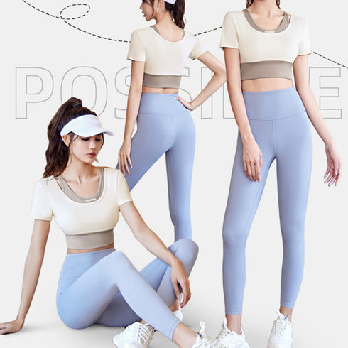 クロップド丈 ヨガトップス バイカラー カップ付き スポーツウェア レイヤード ジムウェア テニス マラソン ランニングウェア バレエダンス フィットネスウェア 1JYT-003