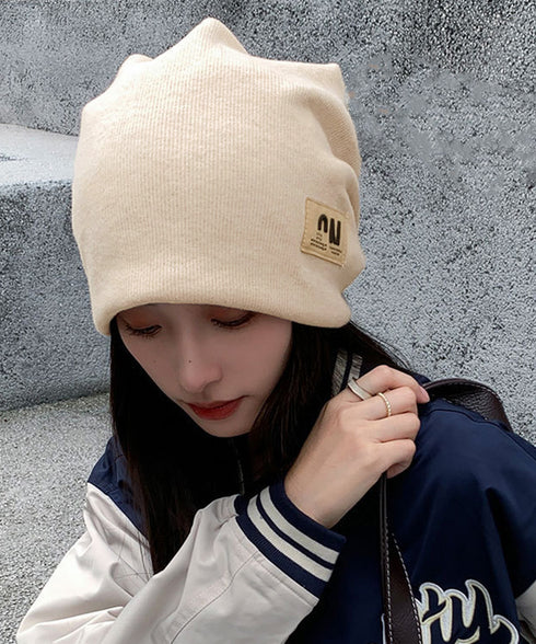 リブニット帽 ロゴビーニー暖かい韓国風 レディース ワンポイントニットビーニー ユニセックス 秋冬暖かいニットキャップ 小顔帽子柔らかい ストリート系 防寒保温 1LANXUN-001