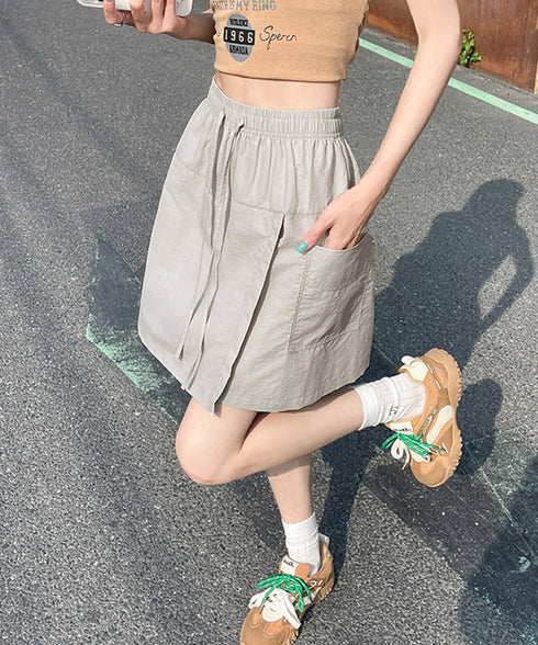 スカート見えラップ風キュロットパンツ薄手 ハイウエスト ドロストスカートパンツレディース ウエストゴムミニボトム ポケット付カジュアル 美脚脚長 スポーティ短パン 1LIANGRUI-002