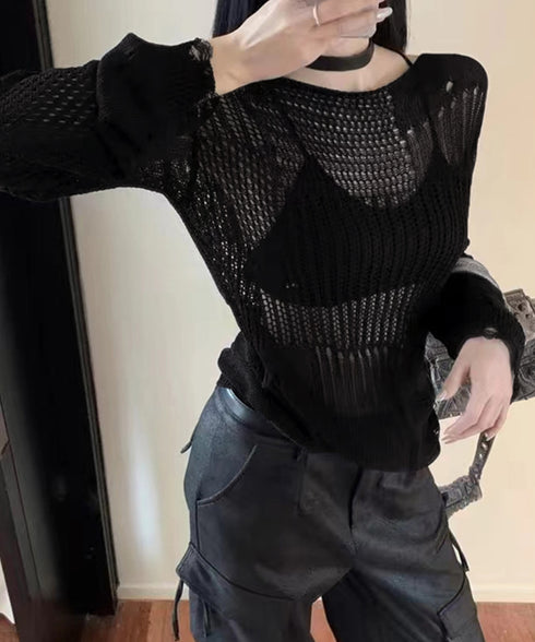 ダメージニットトップス 透かし編みニット レディース 体型カバー メッシュニット ゆったり 肌見せニット 抜け感 シースループルオーバー 長袖 シアーニット春夏秋 1LINGY-001