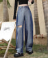 デニムワイドパンツ サイドダメージ韓国風 レディース ハイウエスト ストレートパンツ 着やせロングパンツ ゆったり ウォッシュジーンズ カットアウト デニムパンツ 1LONGY-001