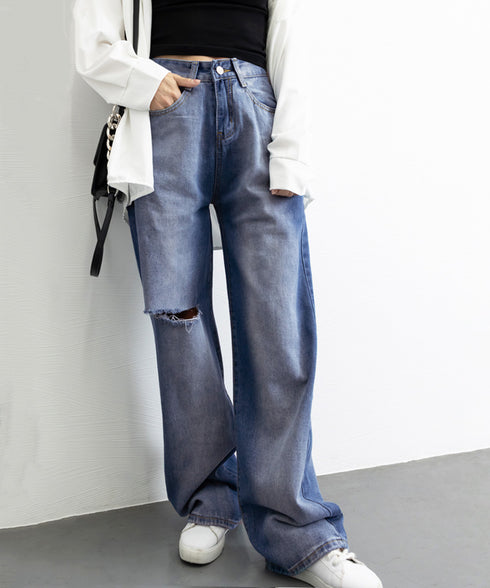 デニムワイドパンツ サイドダメージ韓国風 レディース ハイウエスト ストレートパンツ 着やせロングパンツ ゆったり ウォッシュジーンズ カットアウト デニムパンツ 1LONGY-001