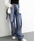 デニムワイドパンツ サイドダメージ韓国風 レディース ハイウエスト ストレートパンツ 着やせロングパンツ ゆったり ウォッシュジーンズ カットアウト デニムパンツ 1LONGY-001