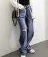 デニムワイドパンツ サイドダメージ韓国風 レディース ハイウエスト ストレートパンツ 着やせロングパンツ ゆったり ウォッシュジーンズ カットアウト デニムパンツ 1LONGY-001