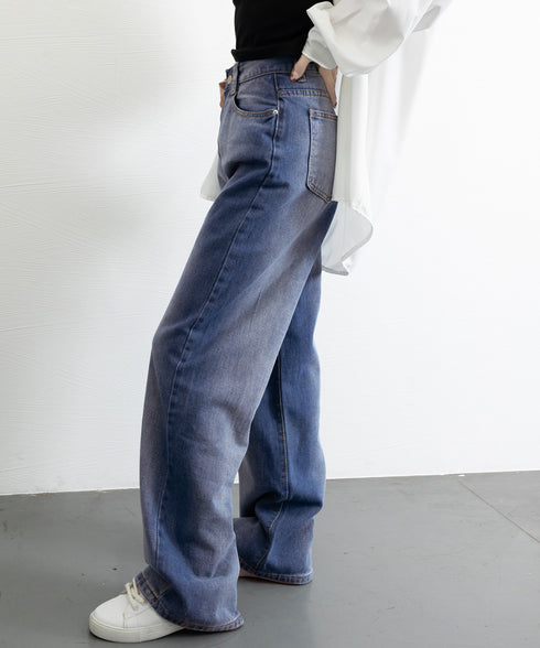 デニムワイドパンツ サイドダメージ韓国風 レディース ハイウエスト ストレートパンツ 着やせロングパンツ ゆったり ウォッシュジーンズ カットアウト デニムパンツ 1LONGY-001