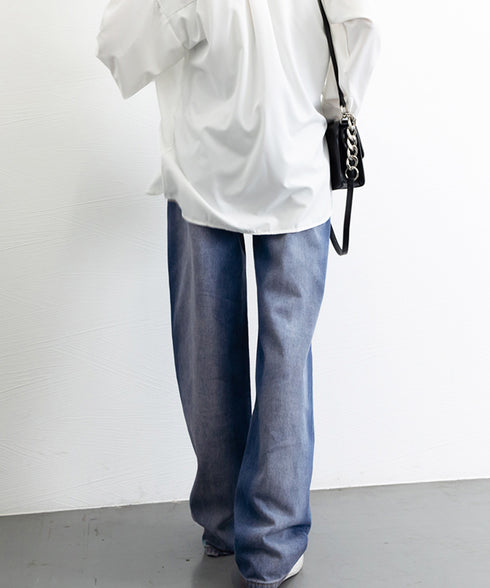 デニムワイドパンツ サイドダメージ韓国風 レディース ハイウエスト ストレートパンツ 着やせロングパンツ ゆったり ウォッシュジーンズ カットアウト デニムパンツ 1LONGY-001