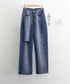 デニムワイドパンツ サイドダメージ韓国風 レディース ハイウエスト ストレートパンツ 着やせロングパンツ ゆったり ウォッシュジーンズ カットアウト デニムパンツ 1LONGY-001