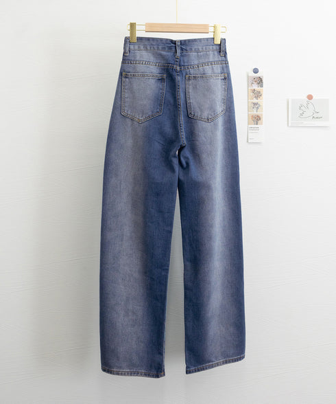 デニムワイドパンツ サイドダメージ韓国風 レディース ハイウエスト ストレートパンツ 着やせロングパンツ ゆったり ウォッシュジーンズ カットアウト デニムパンツ 1LONGY-001