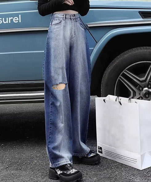 デニムワイドパンツ サイドダメージ韓国風 レディース ハイウエスト ストレートパンツ 着やせロングパンツ ゆったり ウォッシュジーンズ カットアウト デニムパンツ 1LONGY-001
