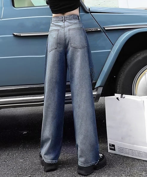 デニムワイドパンツ サイドダメージ韓国風 レディース ハイウエスト ストレートパンツ 着やせロングパンツ ゆったり ウォッシュジーンズ カットアウト デニムパンツ 1LONGY-001