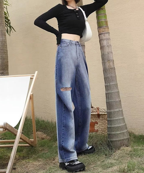 デニムワイドパンツ サイドダメージ韓国風 レディース ハイウエスト ストレートパンツ 着やせロングパンツ ゆったり ウォッシュジーンズ カットアウト デニムパンツ 1LONGY-001