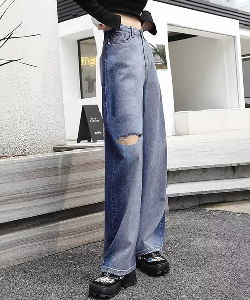 デニムワイドパンツ サイドダメージ韓国風 レディース ハイウエスト ストレートパンツ 着やせロングパンツ ゆったり ウォッシュジーンズ カットアウト デニムパンツ 1LONGY-001