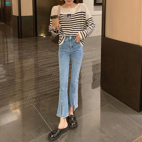 スリットデニムフレアパンツレディース韓国 ハイウエストデニムパンツ カジュアルベルボトムス 細見え アンクルパンツ 着やせ7分丈スリムジーパン ブーツカットパンツ 1LSEN-001