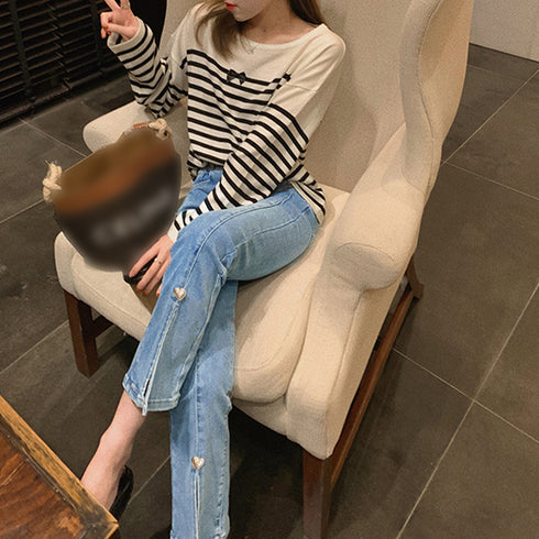 スリットデニムフレアパンツレディース韓国 ハイウエストデニムパンツ カジュアルベルボトムス 細見え アンクルパンツ 着やせ7分丈スリムジーパン ブーツカットパンツ 1LSEN-001