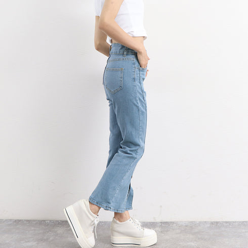 スリットデニムフレアパンツレディース韓国 ハイウエストデニムパンツ カジュアルベルボトムス 細見え アンクルパンツ 着やせ7分丈スリムジーパン ブーツカットパンツ 1LSEN-001