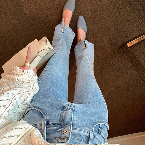 スリットデニムフレアパンツレディース韓国 ハイウエストデニムパンツ カジュアルベルボトムス 細見え アンクルパンツ 着やせ7分丈スリムジーパン ブーツカットパンツ 1LSEN-001