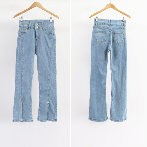 スリットデニムフレアパンツレディース韓国 ハイウエストデニムパンツ カジュアルベルボトムス 細見え アンクルパンツ 着やせ7分丈スリムジーパン ブーツカットパンツ 1LSEN-001