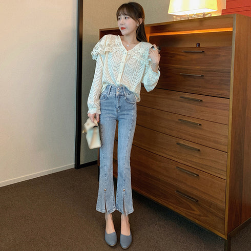 スリットデニムフレアパンツレディース韓国 ハイウエストデニムパンツ カジュアルベルボトムス 細見え アンクルパンツ 着やせ7分丈スリムジーパン ブーツカットパンツ 1LSEN-001