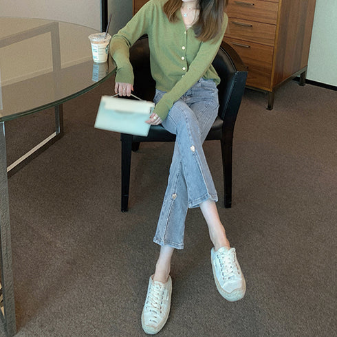 スリットデニムフレアパンツレディース韓国 ハイウエストデニムパンツ カジュアルベルボトムス 細見え アンクルパンツ 着やせ7分丈スリムジーパン ブーツカットパンツ 1LSEN-001